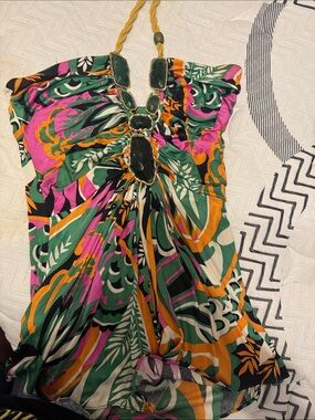 Tropical Print Strapless Dress with Jewel Neckline